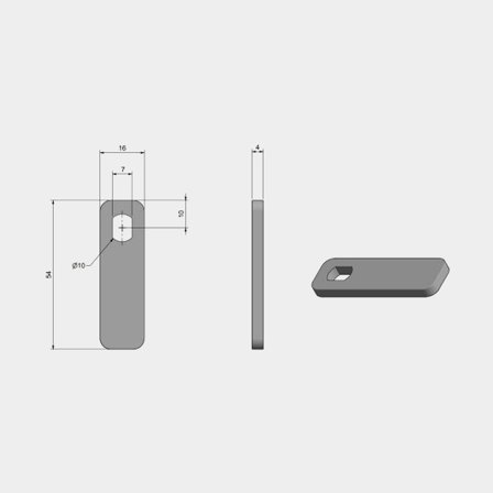 Roca rak regel till durkbeslag i rostfritt stål RF 316, slitstark marin komponent för båtluckor, mått 54x16x4mm