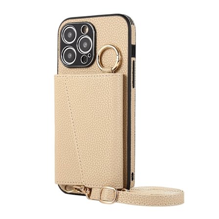 Fodral för iPhone15 khaki [med crossbody-rem] lämplig sminkspegel läderkortfack