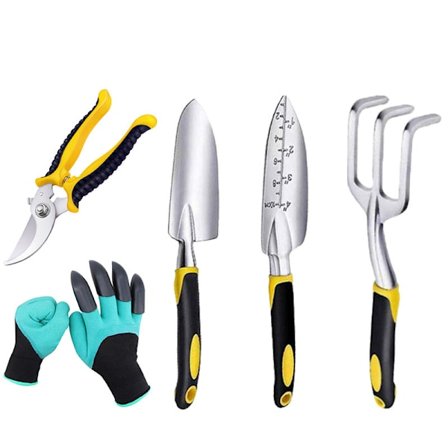 5-delt aluminium haveværktøjssæt med handsker, beskærer, rive, skovl og spartel håndplantningssæt til indendørs og udendørs havearbejde gaver til 