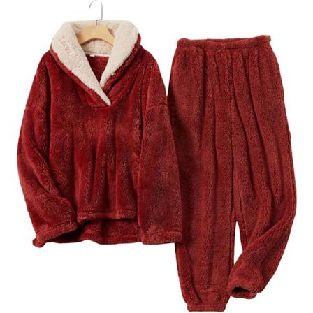 HAUFR Kvinders Fluffy Pyjamasæt Trøje Bukser Vinter Varmt Casual Fuzzy Plush Loungewear Nattøj Rød Red X-Large