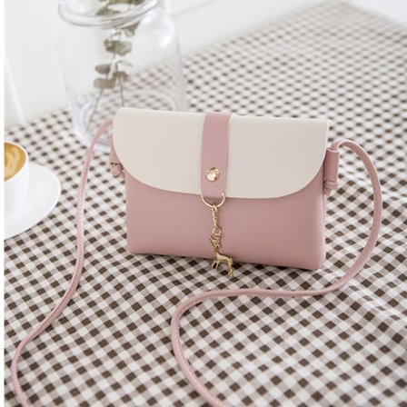 Liten crossbody-veske (rosa) med hjorteanheng, PU-skinnkors
