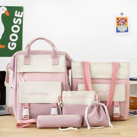 Skolebagg for elever - 5-delt, barneskolebagg, jente-ryggsekk, liten og fresh, mamma-veske, ungdomsskole-ryggsekk - rosa