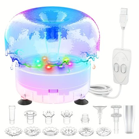Fontänpump med LED-lampor och munstycken, DIY-fontänpumpssats med USB-strömkabel och nätadapter, vattenpump
