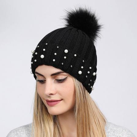 Stickad mössa i ull för damer, höst och vinter, varm fluffig cap , tjock matchande mössa Black Average size