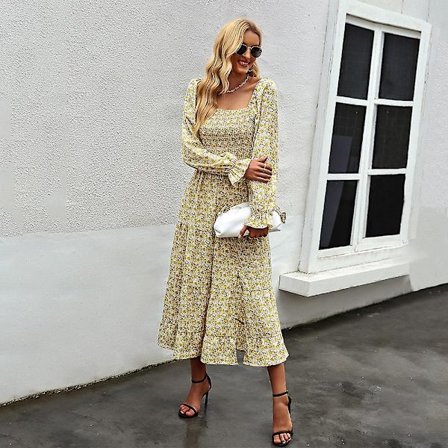 Naisten syksyn talven neliökaulus pitkähihainen korkeavyötäröinen kukkakuvioinen mekko S-XL