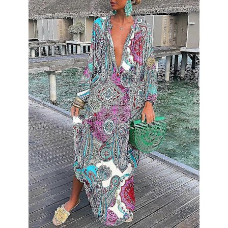 Dame Vintage Maxi Kjoler 2023 Sommer Sexy Dyp V-hals Langermet Boho Trykk Lange Kjoler Kvinnelig Strand Cover Up Elegant Kåpe