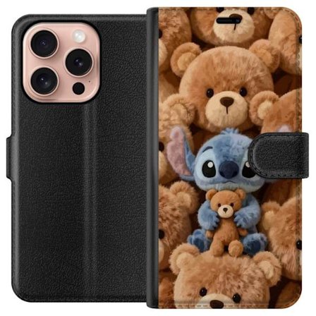 Kompatibelt Lommeboketui til Apple iPhone 16 Pro Stitch omgitt av brune teddybjørner med en liten teddybjørn i fanget i en søt og koselig kawaii-desig