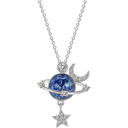 Speciellt stjärnhalsband, silver zirkon stjärna måne surround fantasy planet halsband, symbol för vänskap, familj, kärlek, smyckeshalsband present 