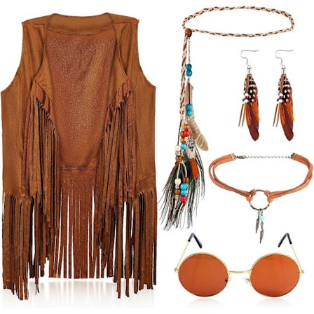 5-delars Hippie Kostymset för Kvinnor, 60-tal 70-tal, med fransar