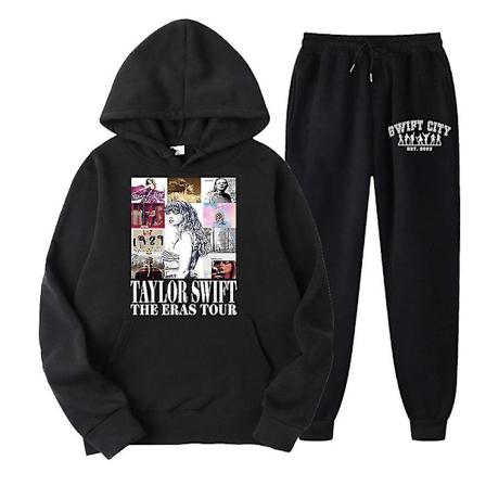 Taylor Swift The Eras Tour Hættetrøje Sports Tracksuit To-delt Outfits Swiftie Langærmet Pullover Hoodies Sweatshirt + Sweatpants Buksesæt[HK] Black S