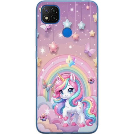 Kompatibel Mobilcover til Xiaomi Redmi 9C NFC Magisk enhjørning med regnbue manke, stjerner og sommerfugle mod en pastelfarvet himmel med skyer