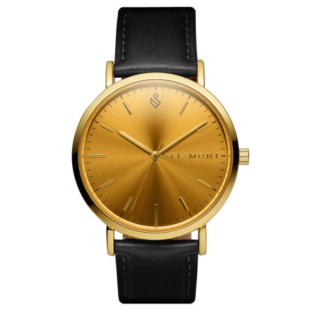 Moment | Montre habillée minimaliste couleur or avec mouvement analogique à quartz, cadran champagne & bracelet en cuir noir pour hommes - Montres 