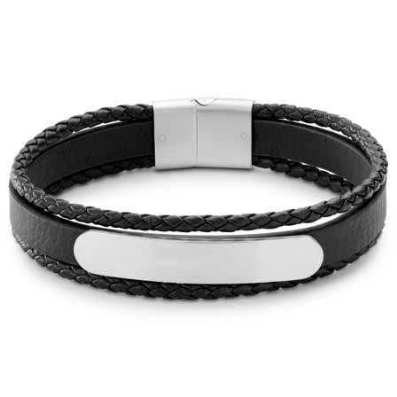 Nomen | Bracelet triple en cuir bolo noir avec plaque d'identité en métal argenté pour hommes - Bracelets en cuir