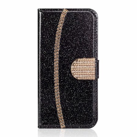 Etui til iPhone 14 sort glitter kortslot læder guldkæde diamant pung