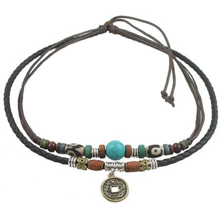 1 st Antik Tribal Unisex Justerbart Halsband Choker Turkos Pärla (Svart & Brun)