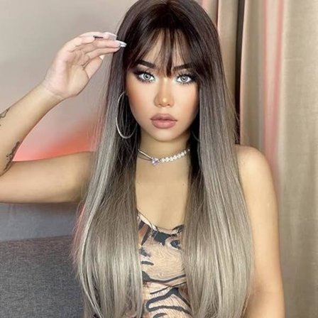 Lang lige paryk, platinbrun dameparyk, langt naturligt pandehår