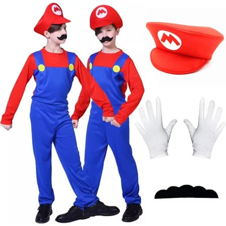 Kostume til børn 3-12, Mario og Luigi kostume spilledragt udklædning jumpsuit bodysuit med hat handsker overskæg (rød, M)