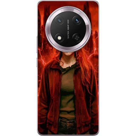 Kompatibelt Mobilskal till Honor Honor Magic7 Lite Porträtt av en ung kvinna med rött hår i en apokalyptisk landskap, röda blixtar och mörka klip