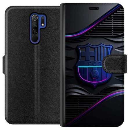 Yhteensopiva Lompakkokotelo Xiaomi Redmi 9 FC Barcelonan seuraemblemii neon sinistä ja vaaleanpunaista futuristisella metallisella suunnittelulla