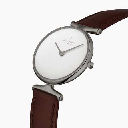 Nordgreen Women's Minimal Classic Danish Watch - Silver Case - White Dial - 28mm Dark Brown Leather Strap White Dial Unika