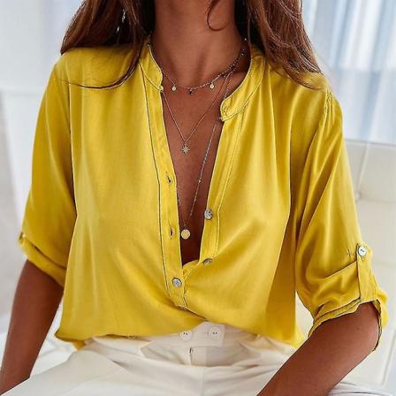 Dame V-hals Skjorte Tunika Topper Casual Basic Bluse Stående Krage Halv Erme Skjorter Yellow S