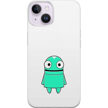 Kompatibelt Mobildeksel til Apple Apple iPhone 15 Turkise tegneseriefigur med store øyne og en lykkelig personlighet i enkel illustrasjon