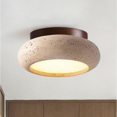 Minimalistisk taklampe i travertin, rund lampeskjerm i stein, Wabi Sabi taklampe for soverom og kjøkken