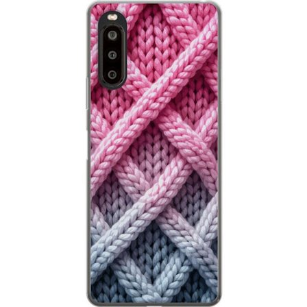 Kompatibelt Mobildeksel til Sony Xperia 10 II Nærbilde av flettet tekstilmønster i rosa, grå og hvite nyanser med taktile strukturer