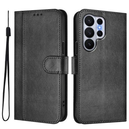 Samsung Galaxy S26 Ultra Plånboksfodral Ställ Retro Textur Konstläder - Svart