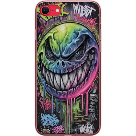 Kompatibel Mobilcover til Apple iPhone SE (2020) Farverig graffiti illustration af en ondskabsfuldt smilende monsteransigt med dryppende neonfarver