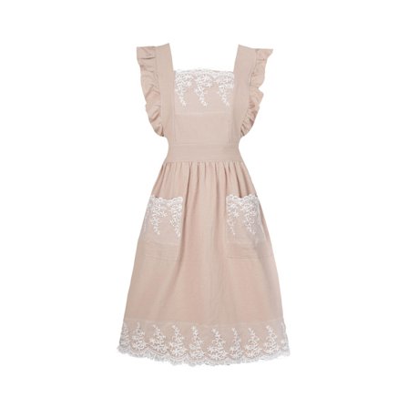 Vintage forklæde til kvinder med lommer, søde blondeflæser og justerbare stropper, velegnet til madlavning, køkkenarbejde, bagning og havearbejde.