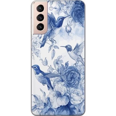 Kompatibelt Mobildeksel til Samsung Samsung Galaxy S21 Fugler og blomster blå romantiskt mønster