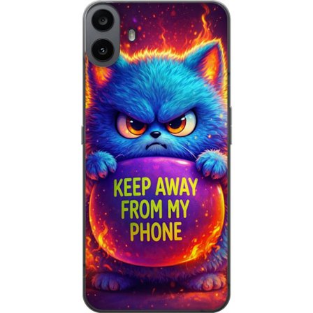 Yhteensopiva Puhelinkuori Nothing Nothing CMF Phone 1 Vihainen pörröinen sininen kissa, jossa teksti "Pidä loitolla puhelimestani" neonväreillä j