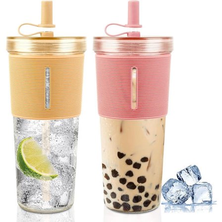 ING Dricksglas med Lock och Sugrör, Dubbelväggiga, Isolerade Plastglas, Återanvändbar Mugg, för Smoothies, Bubble Tea, Iskaffe, 2-pack