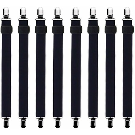 8 stk justerbare lakenholdere, strammere for å holde laken på plass, passer alle senger og madrasser, svart KLB