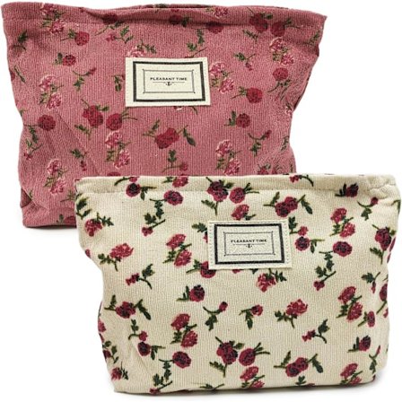 2 stk. Canvas Kosmetikpung, Blomster Makeup Taske, Rose Blomst Tryk Fløjl Toilettaske, Bærbar Kosmetikpung, Toiletartikel Organizer Opbevaring
