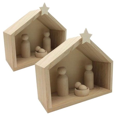 2 julekrybbe i træ + bønder 18 x 8 x 15 cm