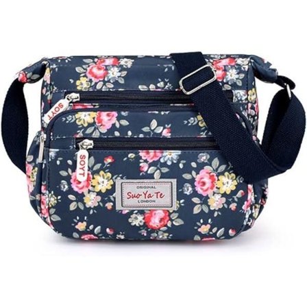 Dame Multi-Pocket Casual Crossbody Håndtasker Vandtæt Nylon Skuldertasker (Blomstret-Navy Blå)