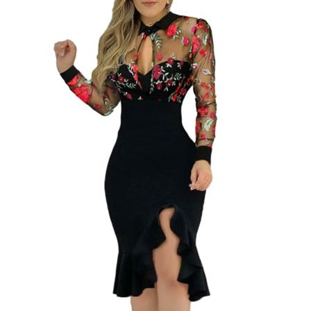 Kvinner Elegante Festkjoler Blomstermønster Print Bodycon Kjole Ruffle Falde Slit Design Red XL