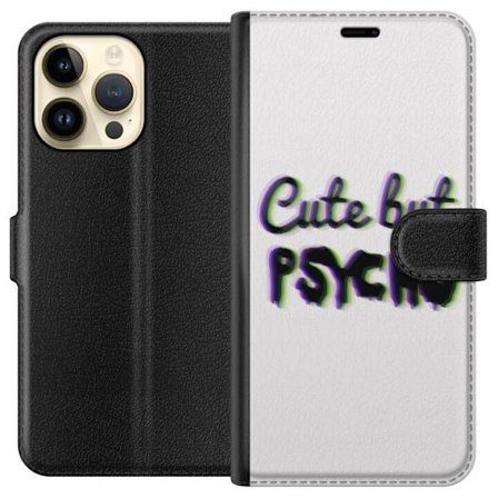 Kompatibel Tegnebogsetui til Apple iPhone 14 Pro Max Minimalistisk glitchtypografi med texten cute but psycho i neonliknande färgeffekt