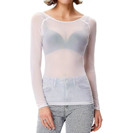 Dame Elastisk Scoop Neck Gjennomsiktig Sexy Slim Fit Mesh Topper Langermet Bluse