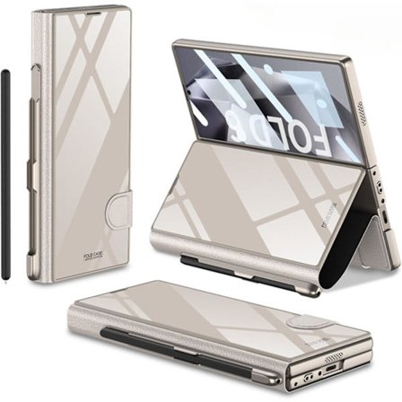 Skal för Samsung Galaxy Z Fold 6 med pennhållare, Z Fold 6 Skal Pläterat Glas Hybrid Läder Allomfattande Skal med Skärmskydd