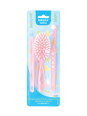 Ekulf Twice Babykit m/tannbørste, hårbørste og kam, Assorterte farger, 1 sett