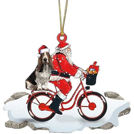2-pak sjove juletræspynt i træ, sød julemand cykler med en hund, juletræshængende håndværk