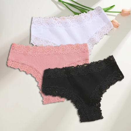 3st/ set Bomull brasilianska underkläder för kvinnor Sexiga spetsribbade blomstringtrosor Kvinnliga Andas Solid T-back Bikini SX SET 1 L