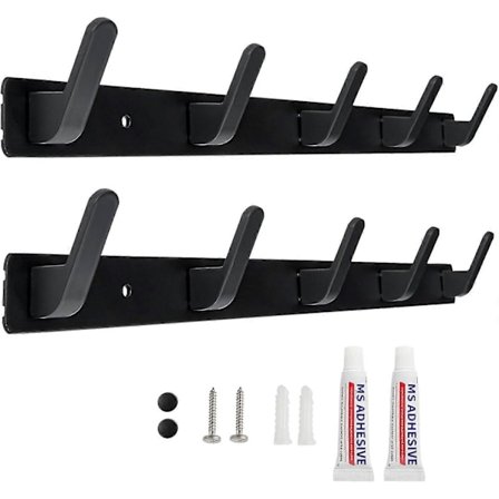 Vegghylle med kleshengere og 2 stk. med 5 kroker for inngangsparti, bad, kjøkken. To installasjonsmetoder