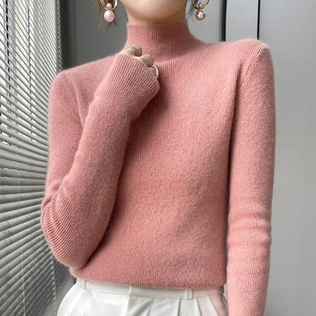 Dam flickor Stickad tröja Halv turtleneck Cashmere Lös Cardigan Bottoming Shirt Leather pink S