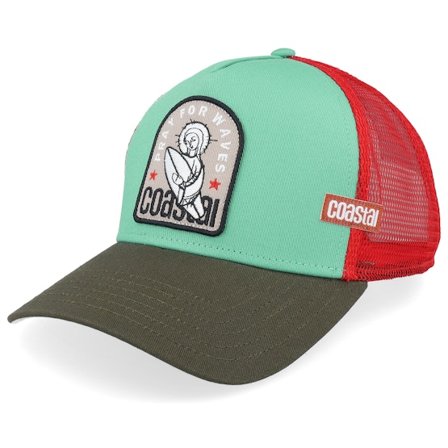 Coastal - Verde trucker Gorra - Hft Pray For Surf Red/Turqouise/Brown A-Frame Trucker @ Hatstore