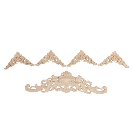 5 stk. udskårne træapplikationer, gummitræhjørner og lange onlays til skab, seng, garderobemøbler