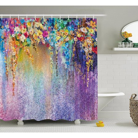 Blomster bruseforhæng, abstrakte blomsterblomster blomster buske tegn trykt kunst, klud stof badeværelse indretning sæt med kroge essentielle tilbehør